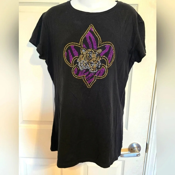 Koky Tops - Woman's LSU SS RHINESTONE Tiger Shirt Black Sz3X Plus Size